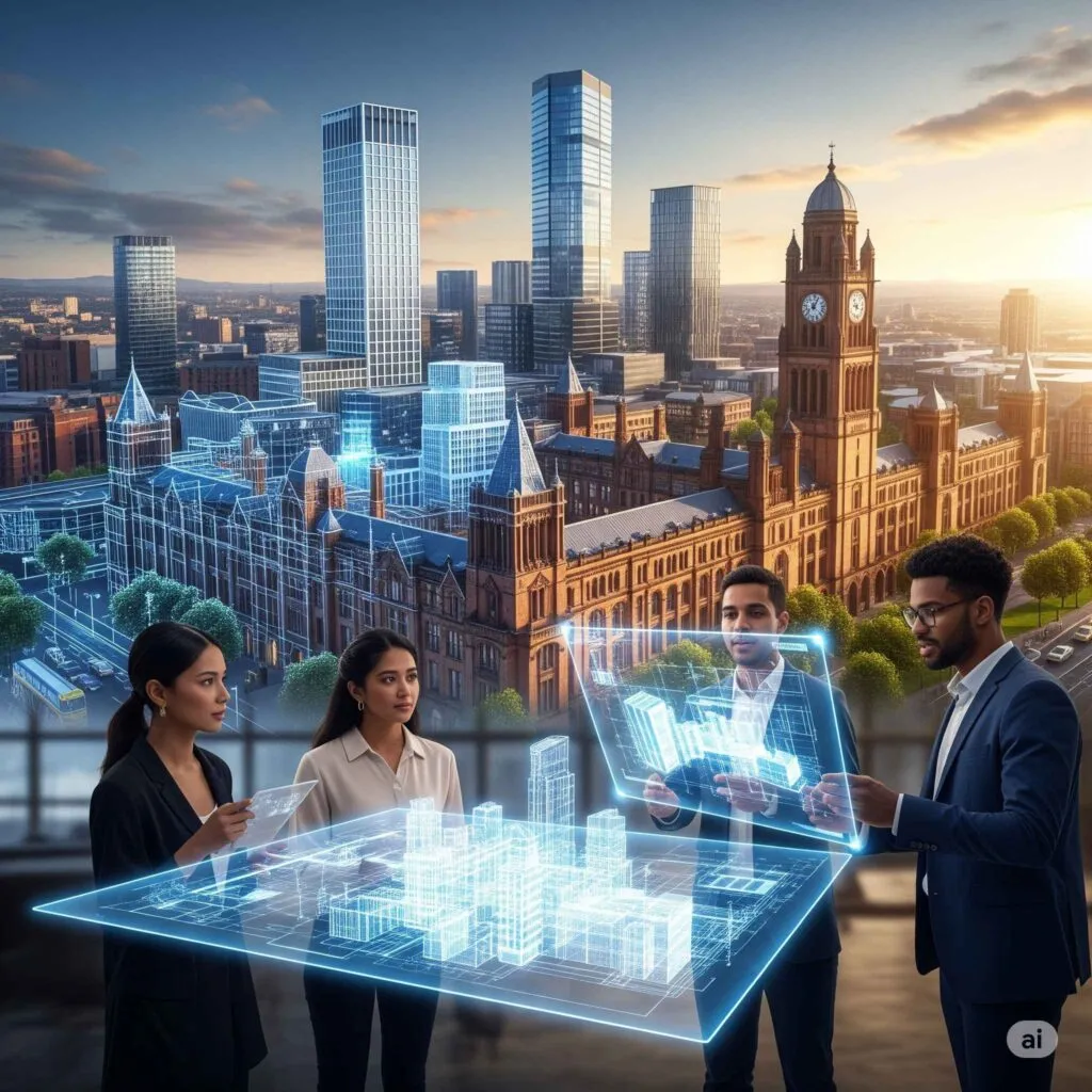 3D architectural visualization team in Manchester reviewing a holographic building model, transforming sketch into photorealistic render.