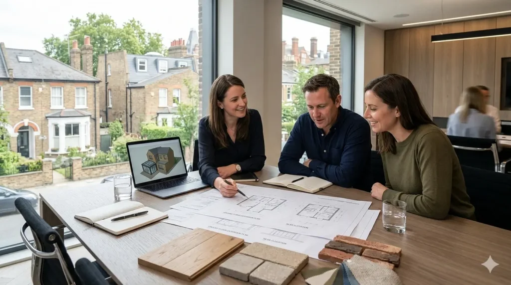 Architect discussing a construction project in London with homeowners