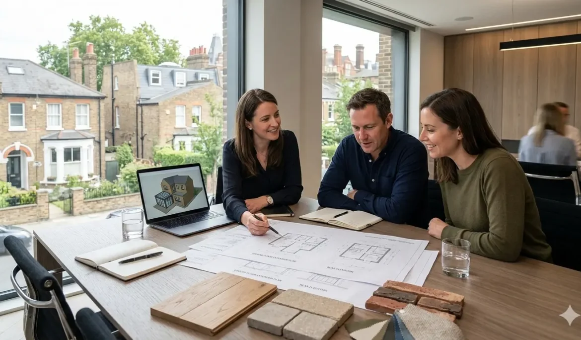 Architect discussing a construction project in London with homeowners