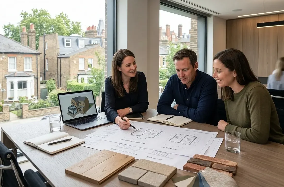 Architect discussing a construction project in London with homeowners