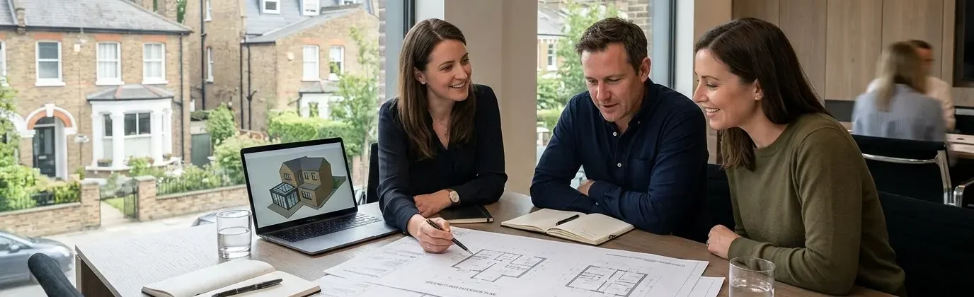 Architect discussing a construction project in London with homeowners