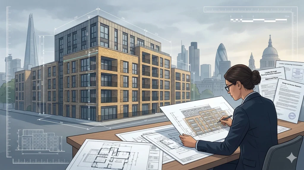 Planning permission architectural drawings and plans for a London building project