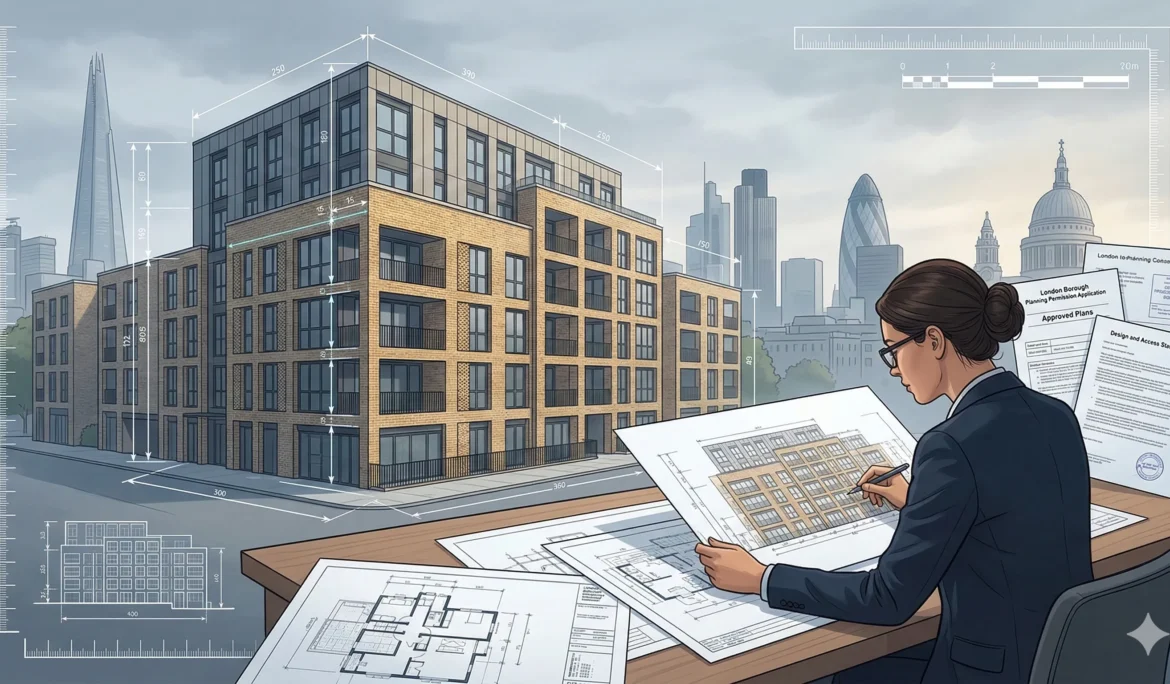 Planning permission architectural drawings and plans for a London building project