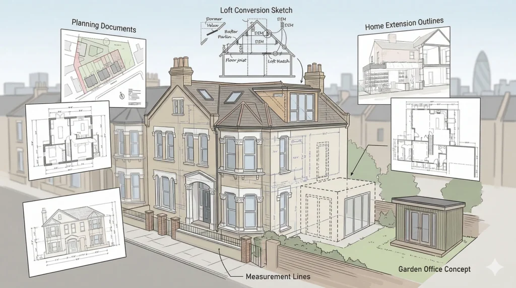 Architectural illustration showing permitted development options for a UK home in London