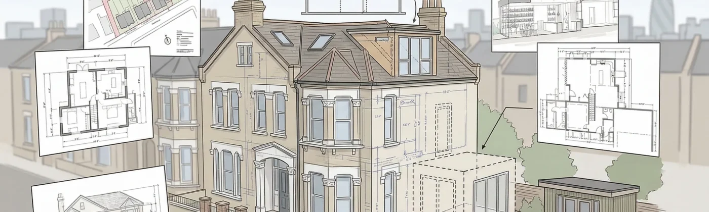 Architectural illustration showing permitted development options for a UK home in London