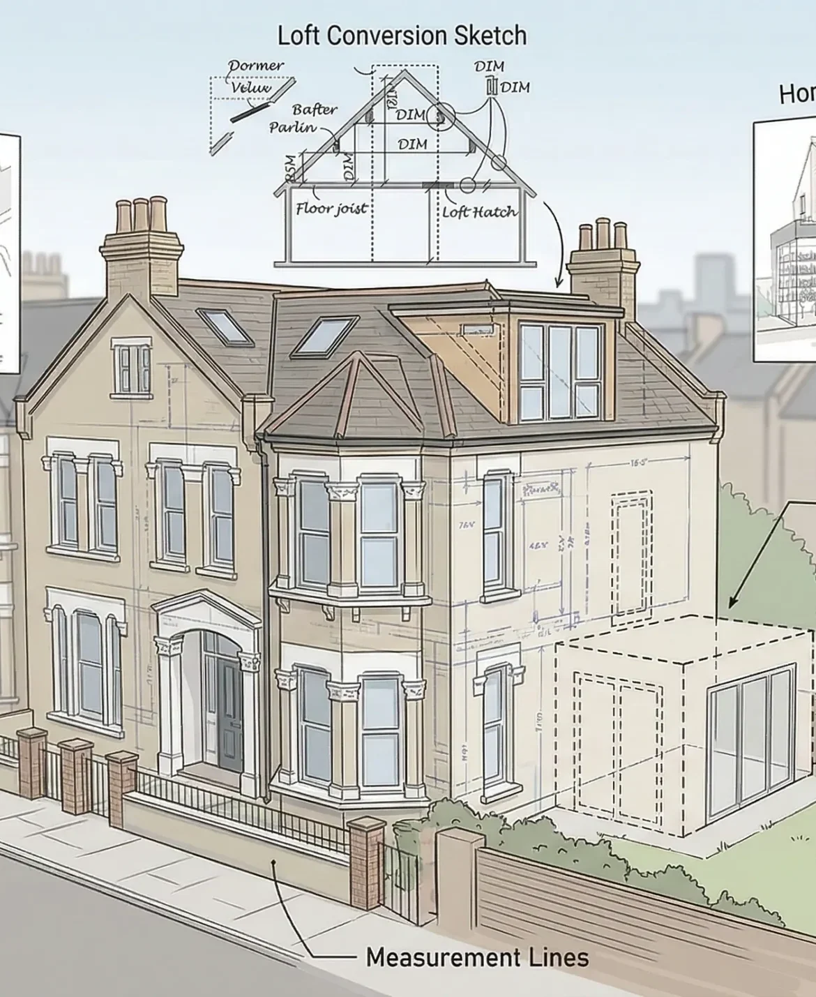 Architectural illustration showing permitted development options for a UK home in London