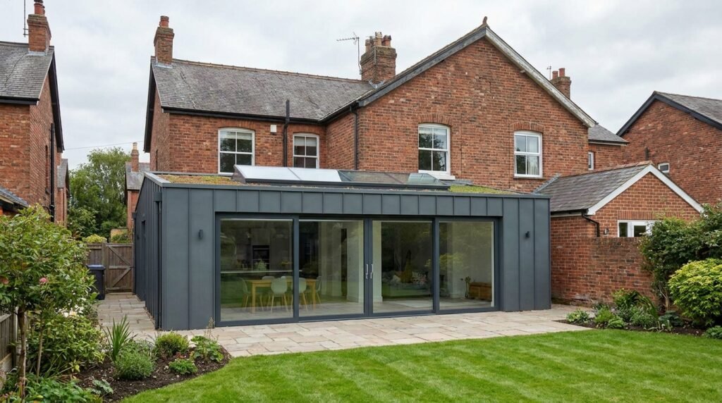 A modern single-storey rear extension with sliding glass doors and skylight on a British semi-detached house, a typical permitted development project