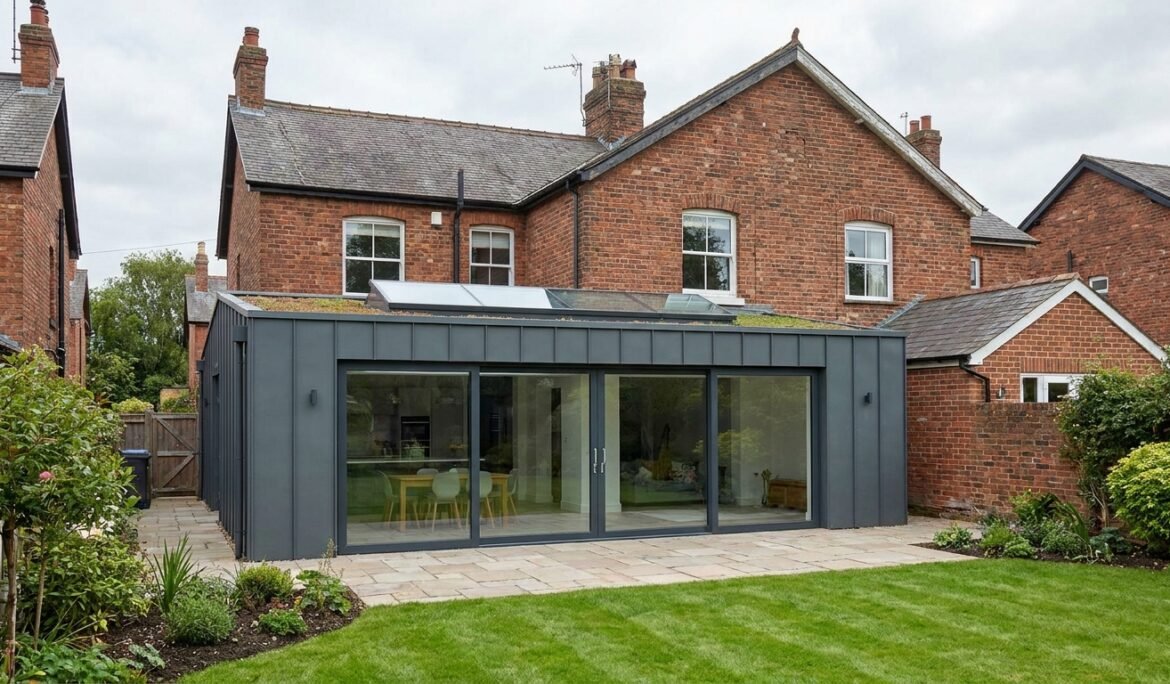 A modern single-storey rear extension with sliding glass doors and skylight on a British semi-detached house, a typical permitted development project