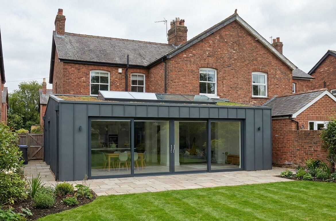 A modern single-storey rear extension with sliding glass doors and skylight on a British semi-detached house, a typical permitted development project