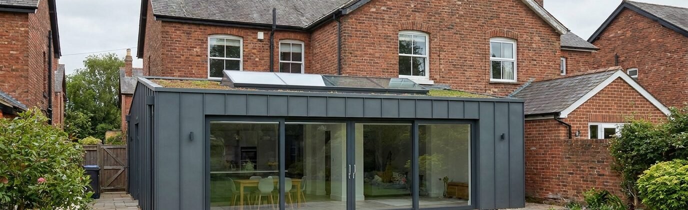 A modern single-storey rear extension with sliding glass doors and skylight on a British semi-detached house, a typical permitted development project